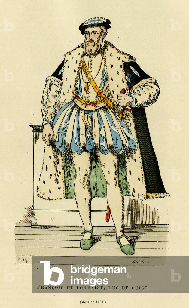 Portrait of Francois I of Lorraine (1519-1563), Duke of Guise and Duke of Aumale, even of France, childhood companion of King Henry II (1519-1559), he was a renowned military leader and distinguished himself as leader of Catholics during the wars of religion. Colour engraving, in “France et les francais a travers les centuries”” by Augustin Challamel, F.Roy editor, Paris 1882. Selva Collection.