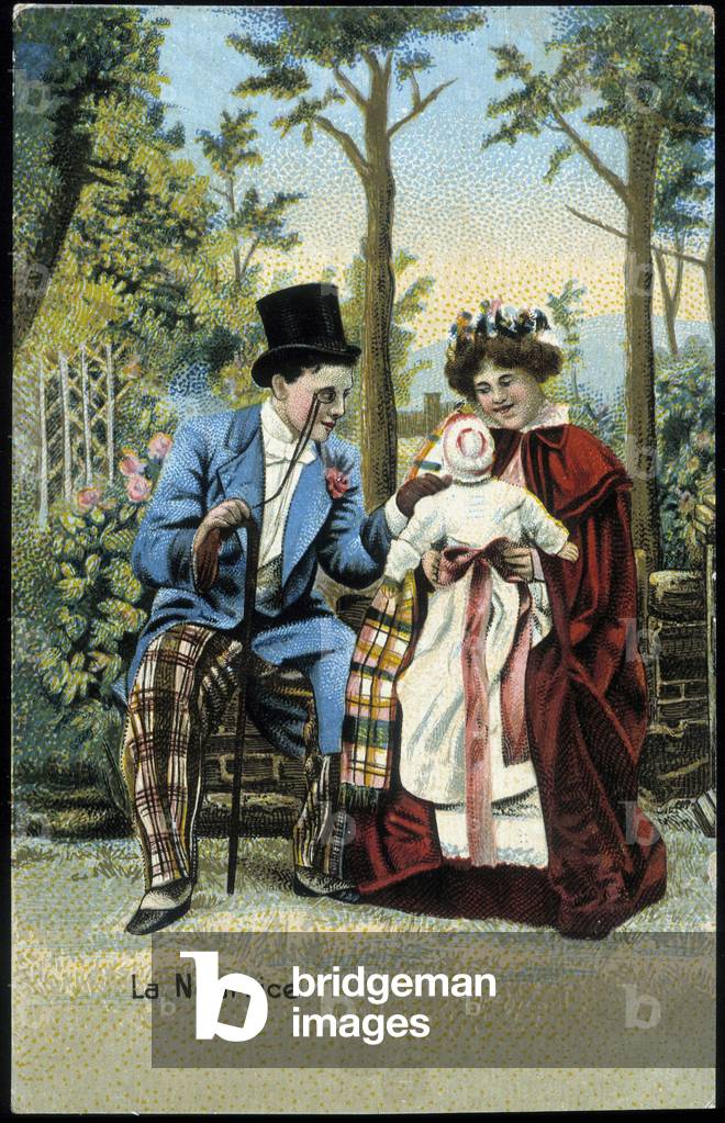 Nurse with a baby conversing with a man in a park - chromo., late 19th century
