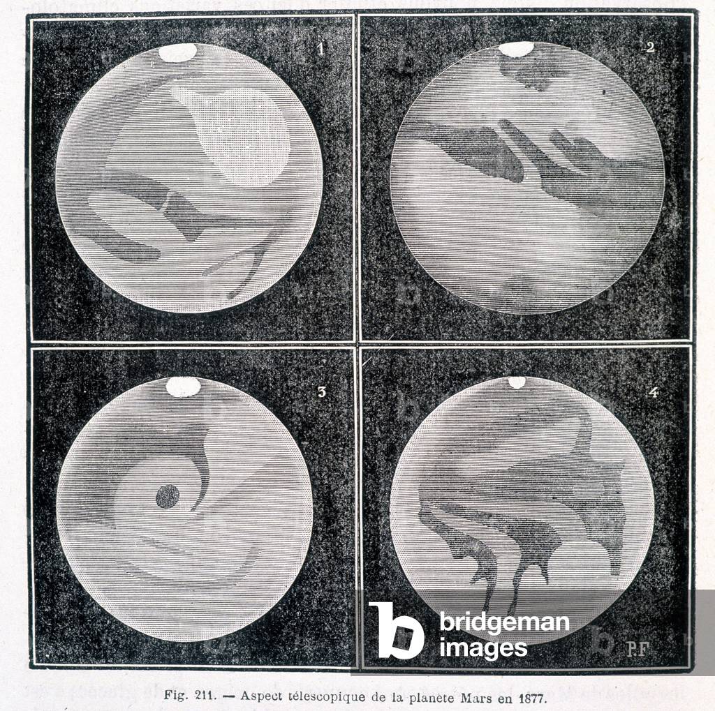 Aspects telescopique de la planète Mars en 1877 - in “” Popular Astronomy”” by Camille Flammarion, ed. Marpon & Flammarion, 1884