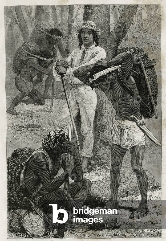 Les porters (caucheros), in Darien (region of eastern Panama), engraving after a drawing by D.Maillart, to illustrate the story Exploration at the isthms of Panama and Darien, by A. Reclus, lieutenant of ship, from 1876 to 1878, published in the tour du monde, under the direction of Edouard Charton, 1880, Paris. Selva Collection.