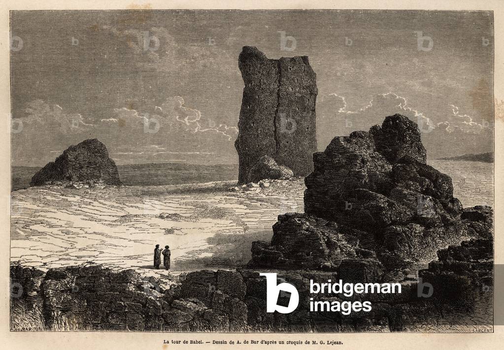 The storefronted ruins of Birs Nimroud, which the tourist community of Baghdad (Iraq) at the time, identifies as the mythical tower of Babel. Engravure pour illustrrer le voyage dans la Babylon, en 1866, by Guillaume Lejean, in “Le tour du monde, nouveau journal des voyages”” published under the direction of Edouard Charton, 1867, Paris. Selva Collection.