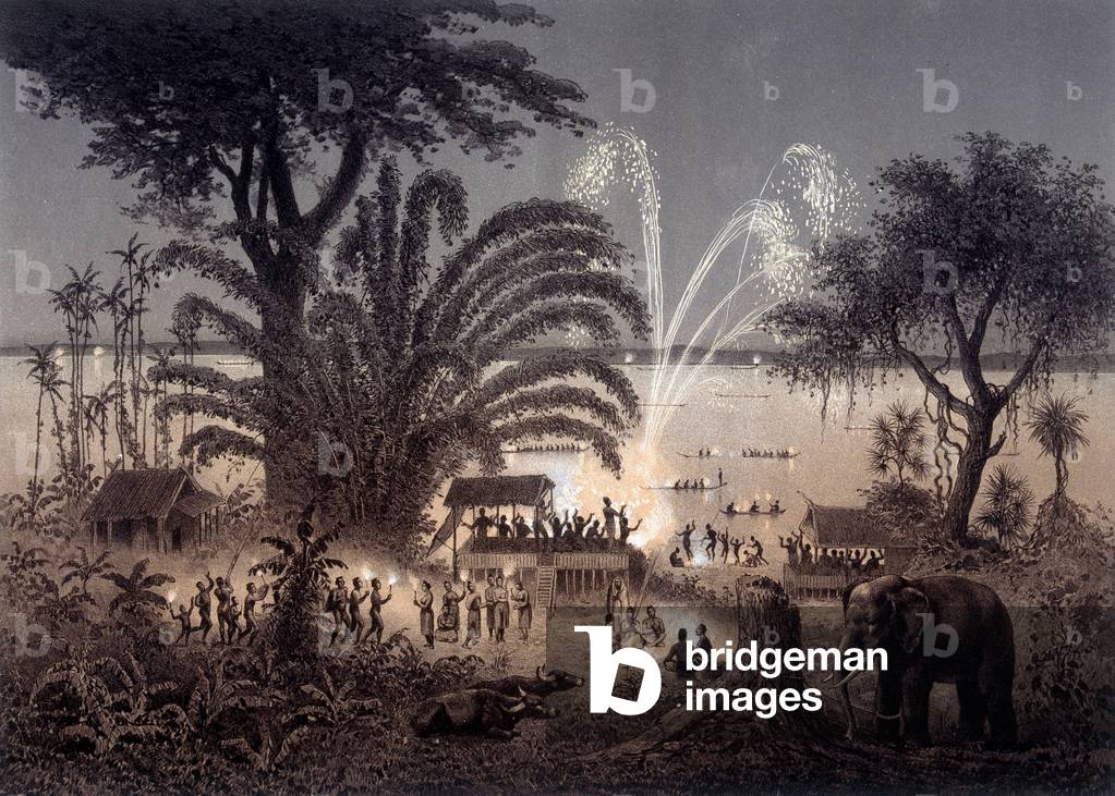 Illumination of the river during the Festival of Bassac, Siamese Laos. In “” Atlas of the exploration voyage in Indochina carried out during the years 1866-1868”” published under the direction of F. Garnier 1873.