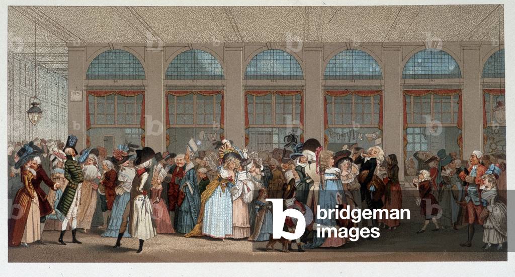 Weltwanderung in der hölzernen Galerie des Palais Royal, Ende des 18. Jahrhunderts - chromo nach der Gravur vo