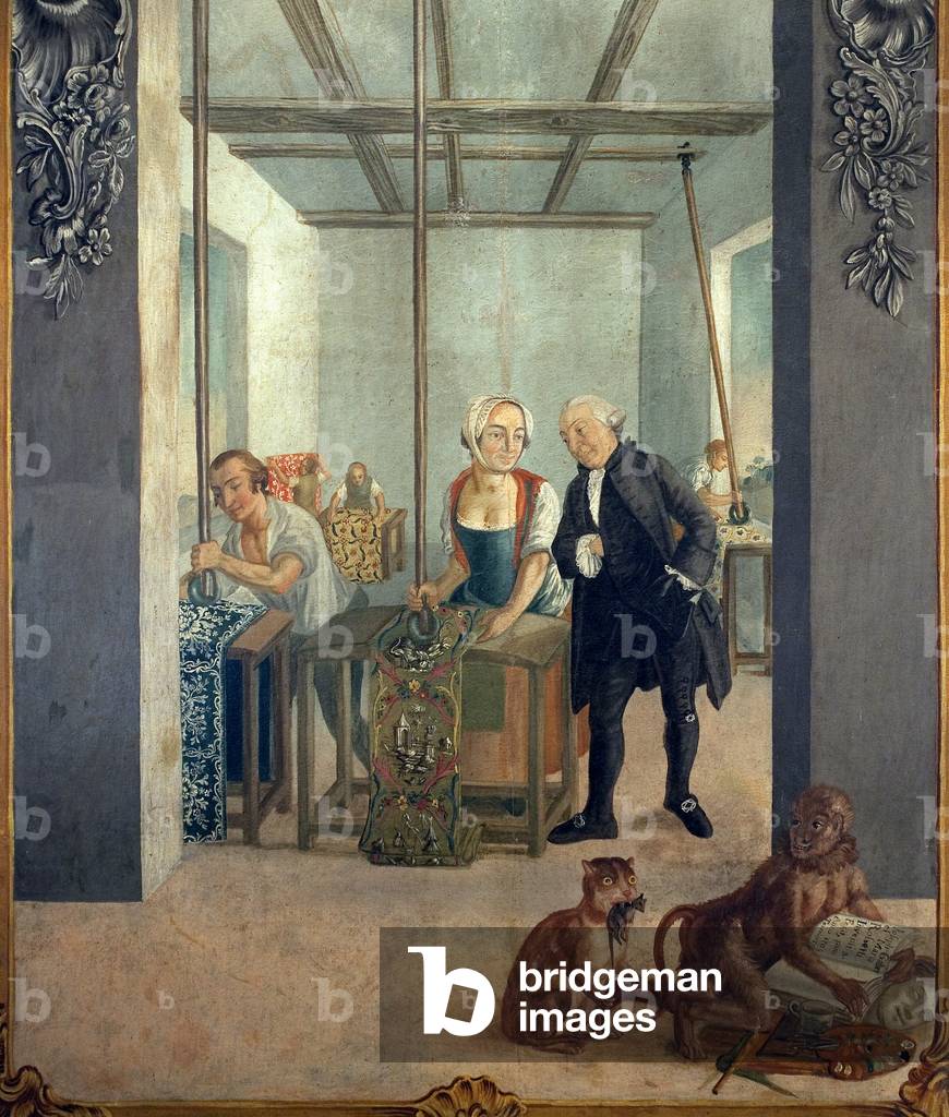 Satin workshop. After being coated with a mixture of wax and starch, the printed canvas is placed on a hot grille. It is then lustree with a glass wheel enchassee on a yard that is suspended from the ceiling joists. Painting by Gabriel Maria Rossetti, oil on canvas, 1764-1765, series of five compositions that adorned the living room of the house Wetter, rue de la fabrique in Orange in 1764. French Art, 18th century. Orange Fine Arts Museum.