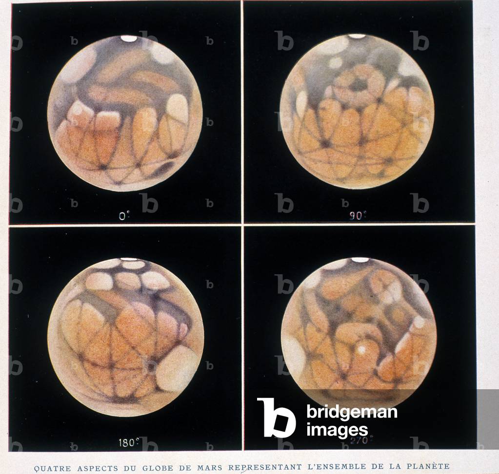 Four aspects of the globe representing the whole planet Mars, seas, lakes and canals - in 