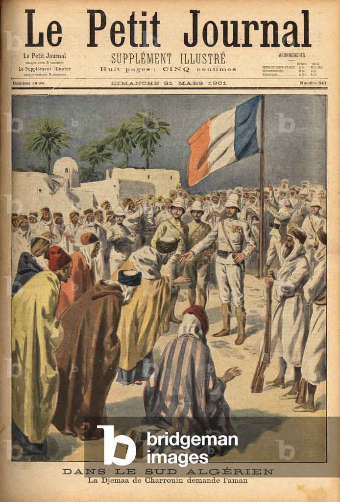 La djema (or dechra), the assembly of notables and wise men who manage the conflicts and the interests of a community, here that of the oasis of Charrouin, in the extreme south of Algeria, asks the aman (forgiveness in submission) to the French army, for having offered refuge to Moroccan looters who are sevising in the region, chasing by the French. Engraving in 