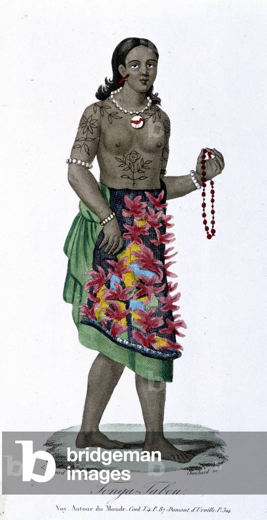 Tattooed woman from Tonga-Tabou - in “” Bibliotheque universelle des voyages”” par Albert-Montémont, ed. Armand-Aubrée, vol.17, 1834