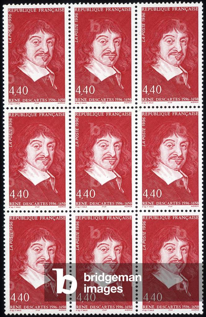 French stamp of 4.40 francs with the effigy of René Descartes, dating from 1996.
