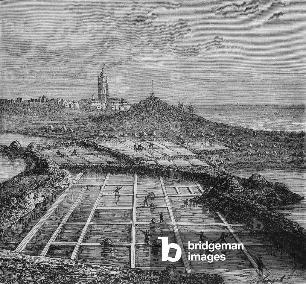 Sauniers in a salt marsh in Bourg de Batz, near Croizic (Brittany) during the period of Saunage. In “” Wonders of the Industry”” by Louis Figuier.