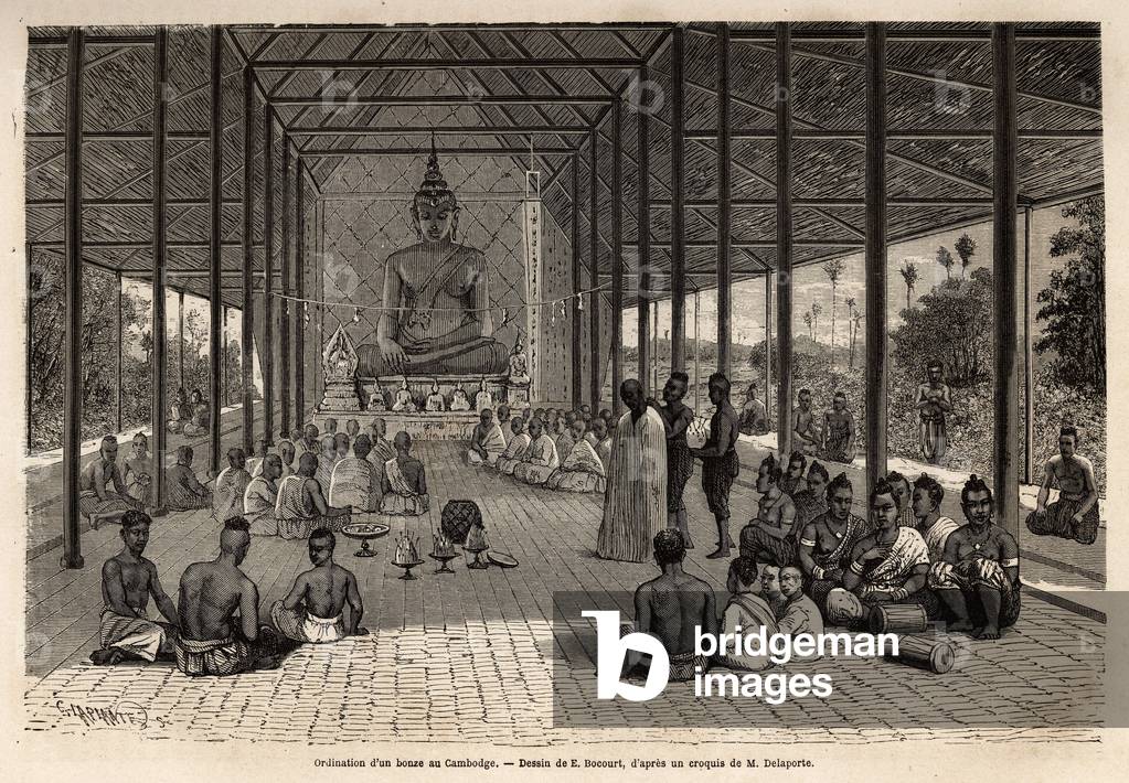 A bonze ordination ceremony in a temple in the vicinity of Angkor, Cambodia. Engraving to illustrate the voyage of exploration in Indochina, by Francis Garnier, lieutenant de Vaissseau, in 1866-1868, published in “” Le tour du monde””” 1870-1871, edited by Edouard Charton, edition Hachette, Paris. Selva Collection.