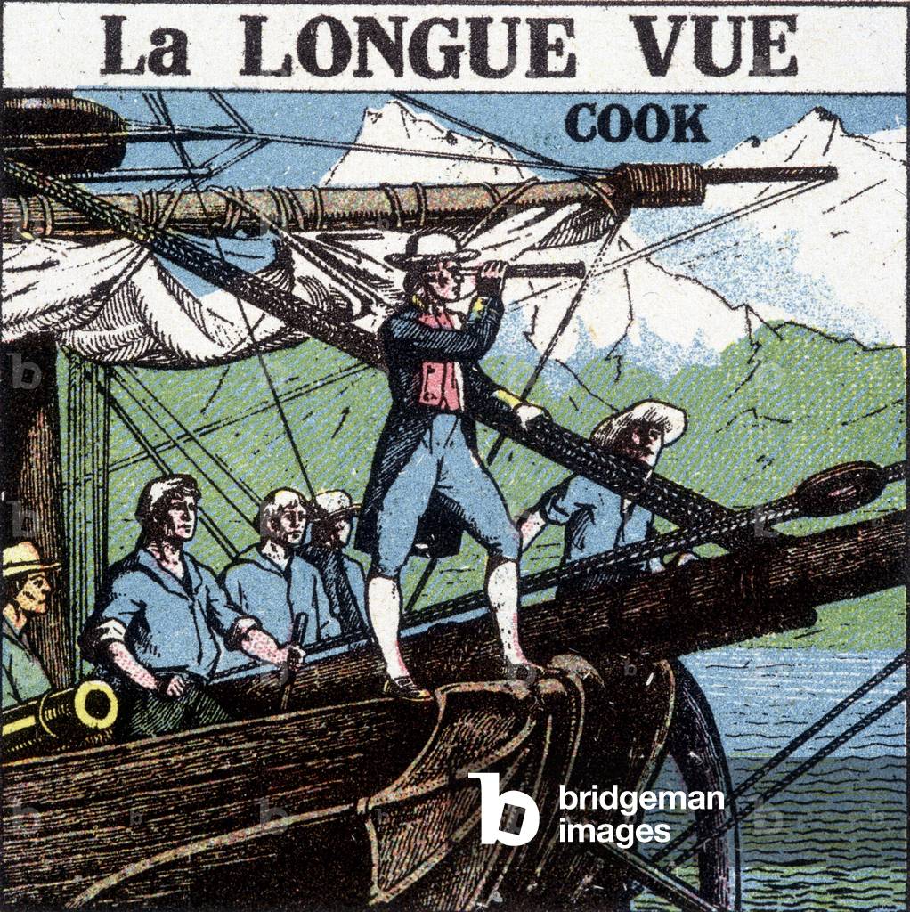 James Cook, at the bow of his boat, observes the southern lands in the long view