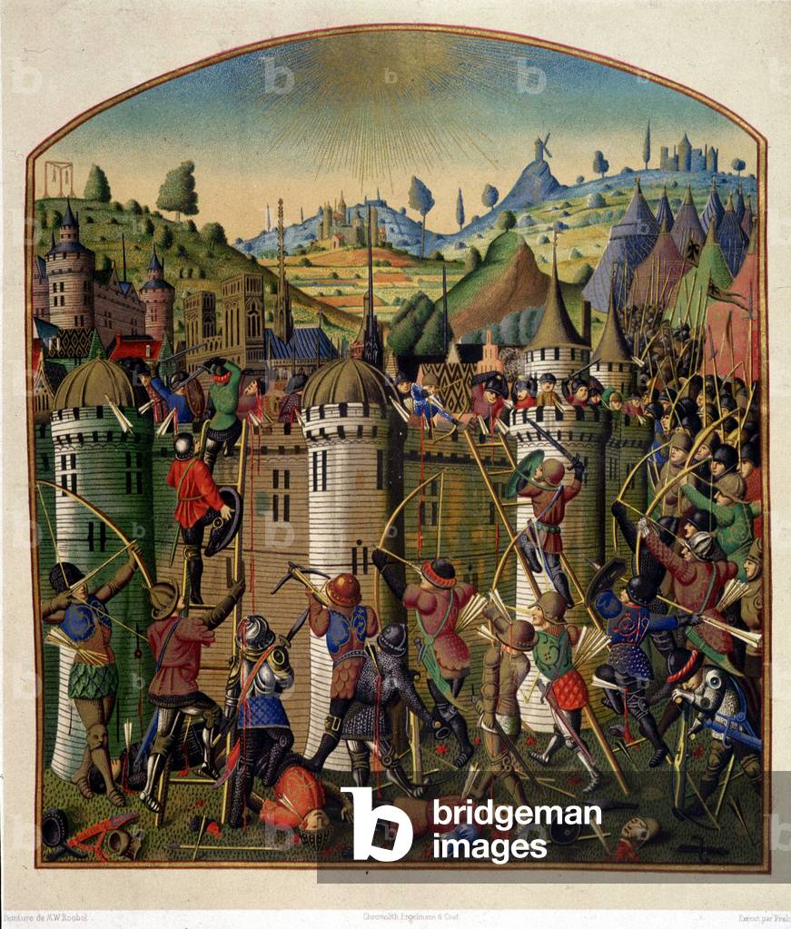 Attack of Philippe Auguste's castle with a view of Paris and the Montfaucon gallows during the 100-year war, mid-15th century.