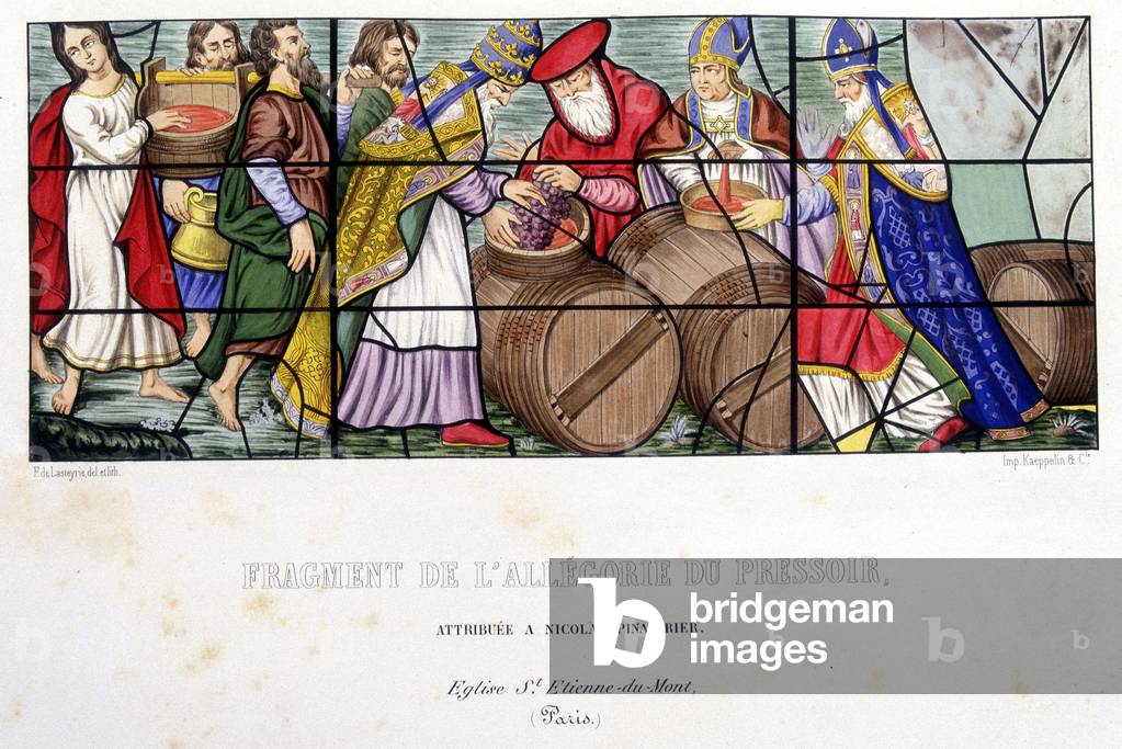 Allegory of the press - Drawing from the 17th century stained glass attributed to Nicoles Pinaigrier, Church St Etienne du Mont de Paris. Documents of the 19th century.