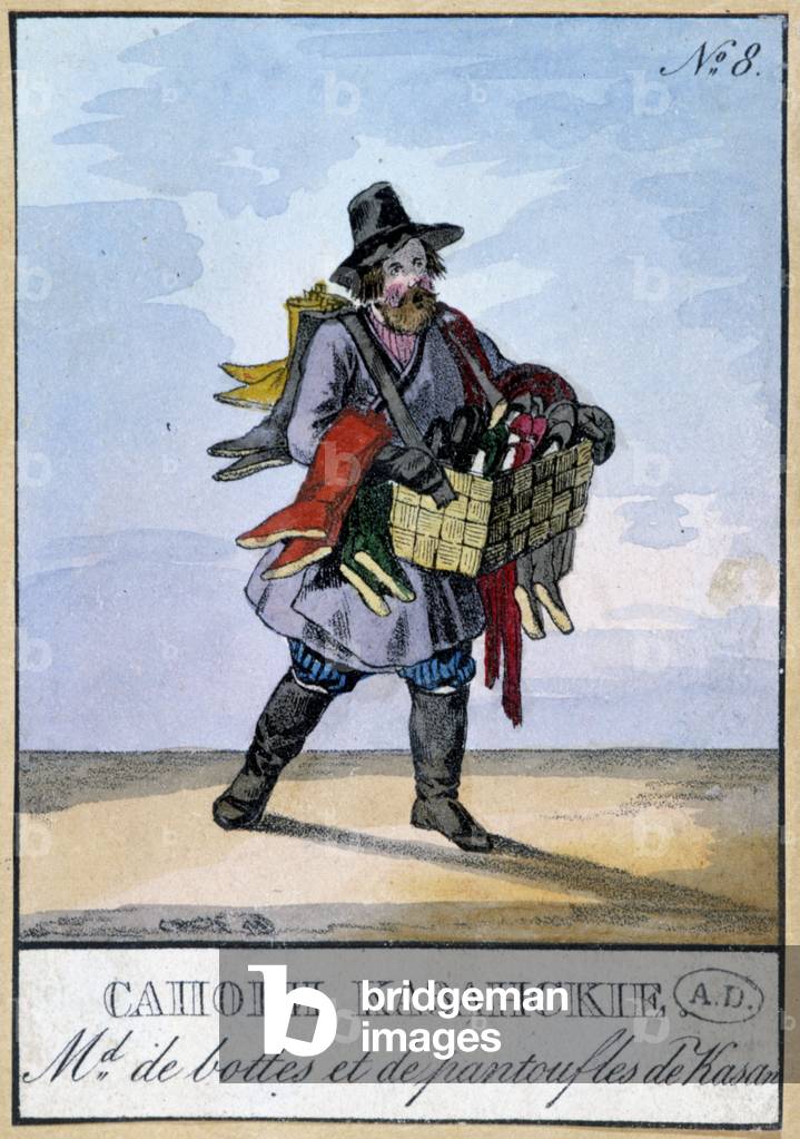 Travelling merchant of boots and slippers by Kasan - Engraving of the 19th century