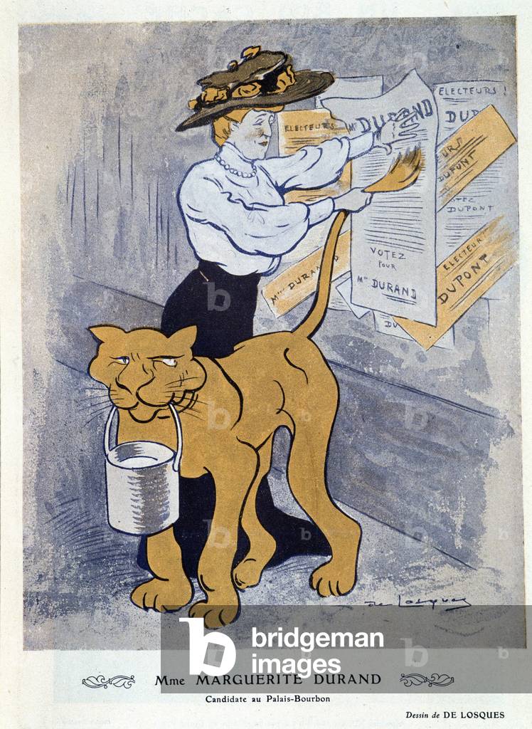 Marguerite Durand sticking her election posters - by Daniel De Losques (Henri Casimir Paul Thouroude dit) (1880-1915), in “” Fantasio”” of 01/04/1910