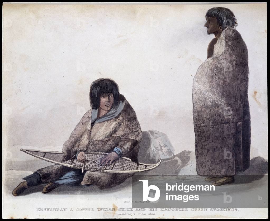 Indian Guide holding a racket - in “” Narrative of a journey to the shores of the Polar sea in the years 1819-1821”, by John Franklin, ed. London, 1823, printed for John Murray.