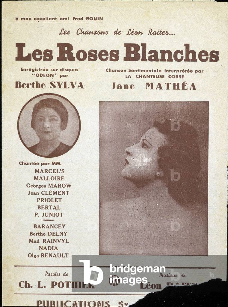 Notenblatt "Les roses blanche" mit Porträt von Berthe Sylva und Jane Mathéa