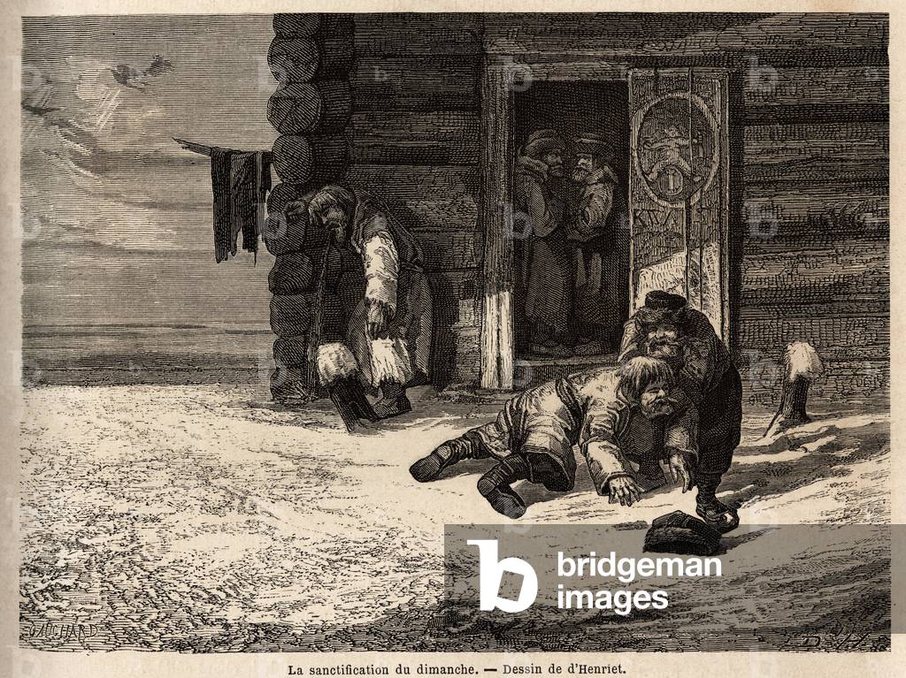 Sunday sanctification has cumin liquor, Dorpat workers. Drawing by Henriet, to illustrate his trip to the Russian Baltic provinces in 1851-54. Engraving in “” Le tour du monde””, edited by Edouard Charton, 1865. Selva's collection.
