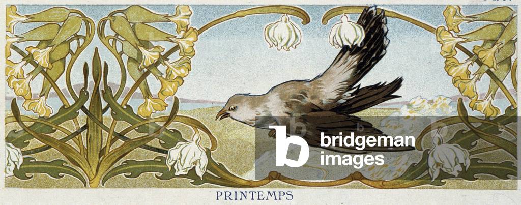 Symobolising bird in spring. Chromolithography of the 19th century are part of a series on the four seasons.