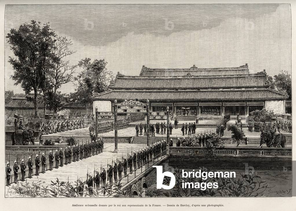 Solemn audience given by King Dong Khanh (1864-1889) Emperor of Annam to the representatives of France in the imperial city of Hue (Vietnam). Engraving by Thiriat, to illustrate the story “” Trente mois au Tonkin”” by Dr. Charles Edouard Hocquard (1853-1911), in 1885, in Le tour du monde, nouveau journal des voyages, under the direction of Edouard Charton (1807-1890), 1st semester 1891, edition Hachette, Paris.