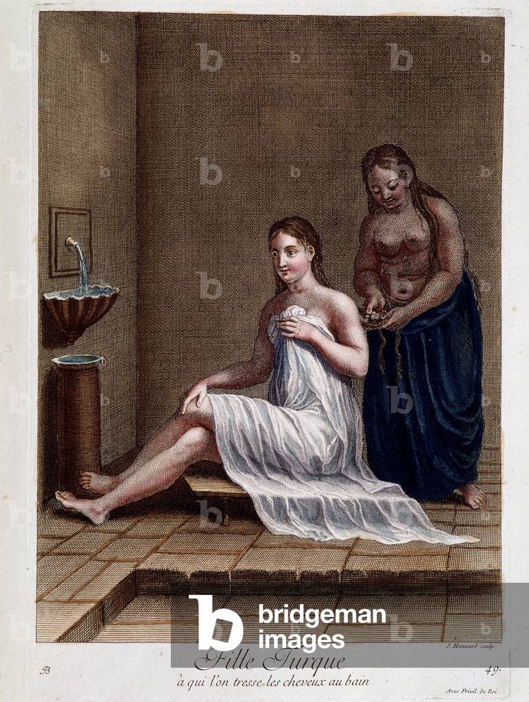 Turkish girl to whom hair is braided in the bath - in “” Collection of 100 prints representing different nations of the Levant in 1707 and 1708” by orders of M. de Frriol, ambassador of the king at the Porte and updated in 1712-13 by the care of M. Le Hay, Bashan engraver, Paris, 1714.