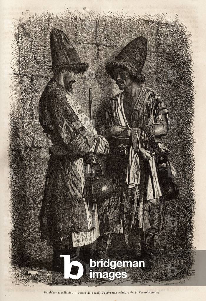 Les dervishes beggars, des steppes de l'Ural (russia), engraving after a drawing by Sedoff, to illustrate the journey in Central Asia by Basile Vereschaguine, in 1867-1868, published in “” Le tour du monde””” 1873, edited by Edouard Charton, Hachette edition, Paris. Selva Collection.