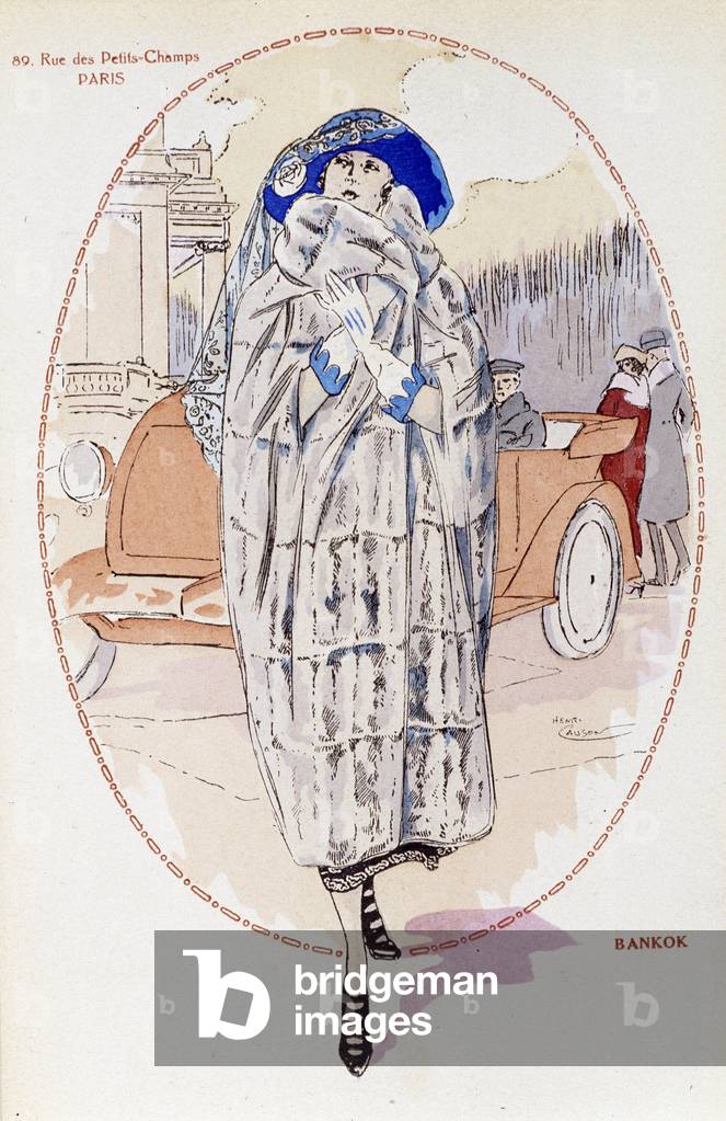 Woman presenting a fur coat for New Year's Eve, 1920s. Drawing by Henri Causon.