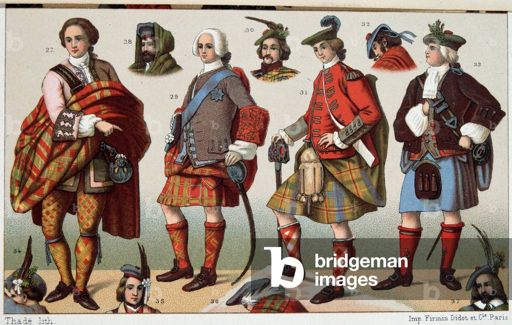 Traditional Scottish Costumes - in “” Le costume historique”” by Racinet, 19th century