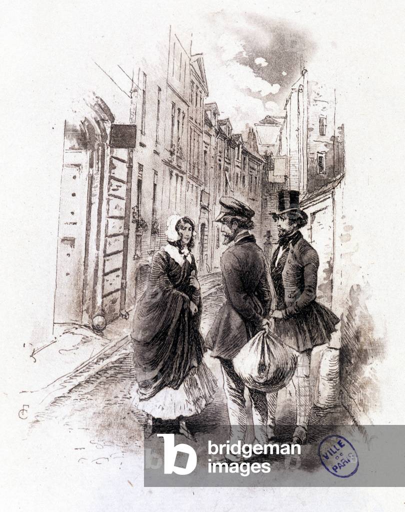 Illustration of “” Profile of grisette””” new belonging to the Receuil “” Mimi de Pinson”” by Alfred de Musset, 1899. Illustration by François Courboin.