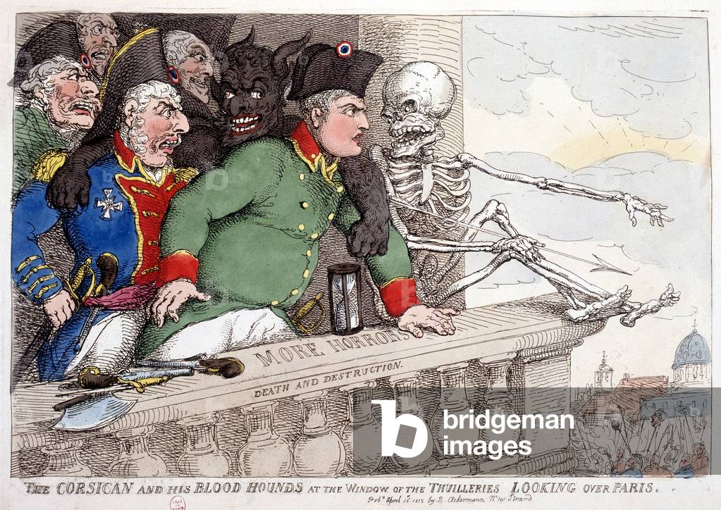 Corsica and its bloodthirsty looking at Paris through the window of the Tuileries - in “” Napoleon I””, caricatures, dummy collection, c. 1814-1815.