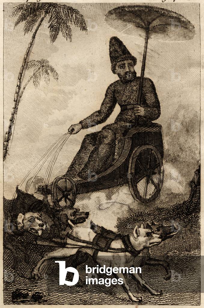 Robinson Crusoe on his chariot traine by six dogues, engraving inserted in “Les aventures de Robinson Crusoe” by Daniel Defoe (1660-1731), edition la librairie d'education, Paris 1838. Selva's collection.