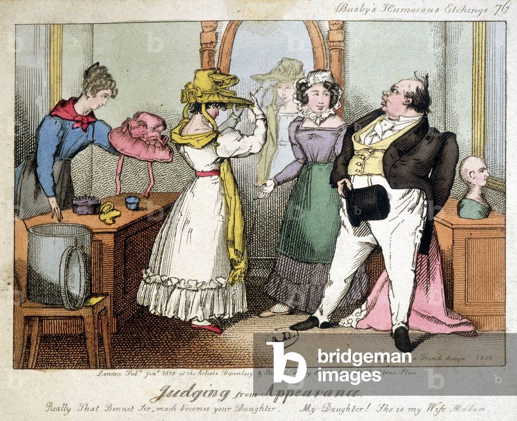 Fitting scene at a London hatter. Judging appearances: “” Really this hat is made for your sister sir” _ “” My sister! She's my wife, ma'am!” , 1828.