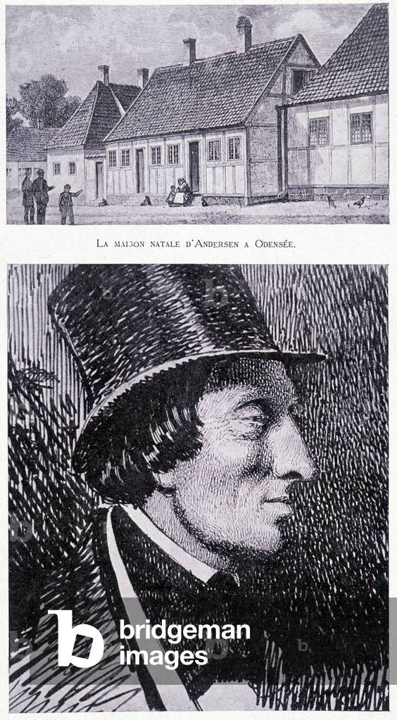 Portrait of the Danish writer Hans Andersen (1805 - 1875) and his house in Odensee, Denmark, circa 1832.