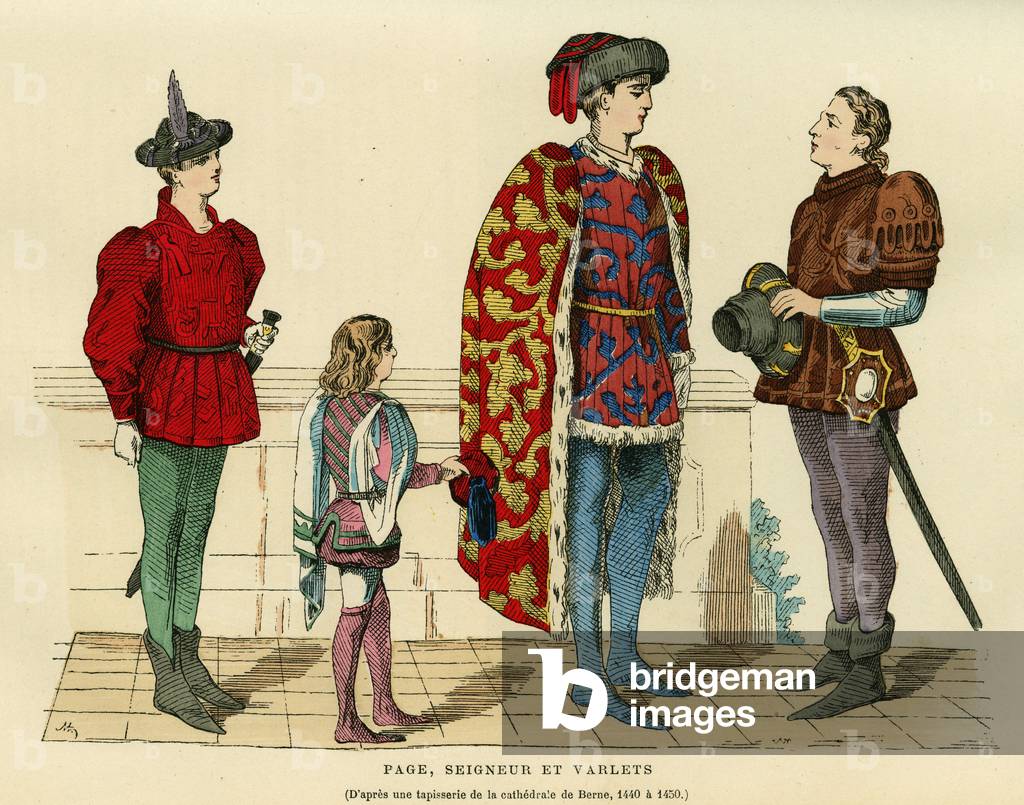 Page costumes, lord and varlet in the 15th century,. Engraving in colours after a tapestry of the cathedrale of Bern 1440-1450, in “France et les francais a travers les centuries” by Augustin Challamel, F.Roy editor, Paris 1882. Selva Collection.
