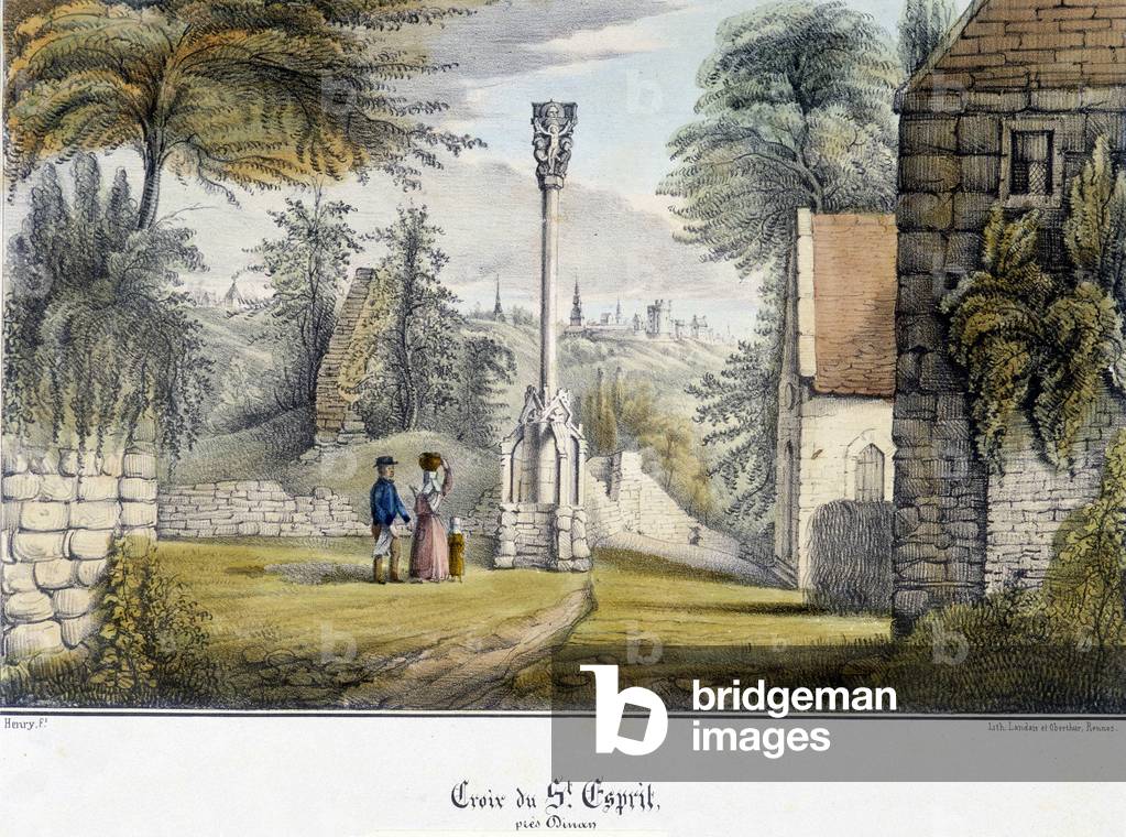Cross of the Holy Spirit near Dinan (Cote d'Armor). Illustration of the 19th century preserved at the Museum of Dinan.