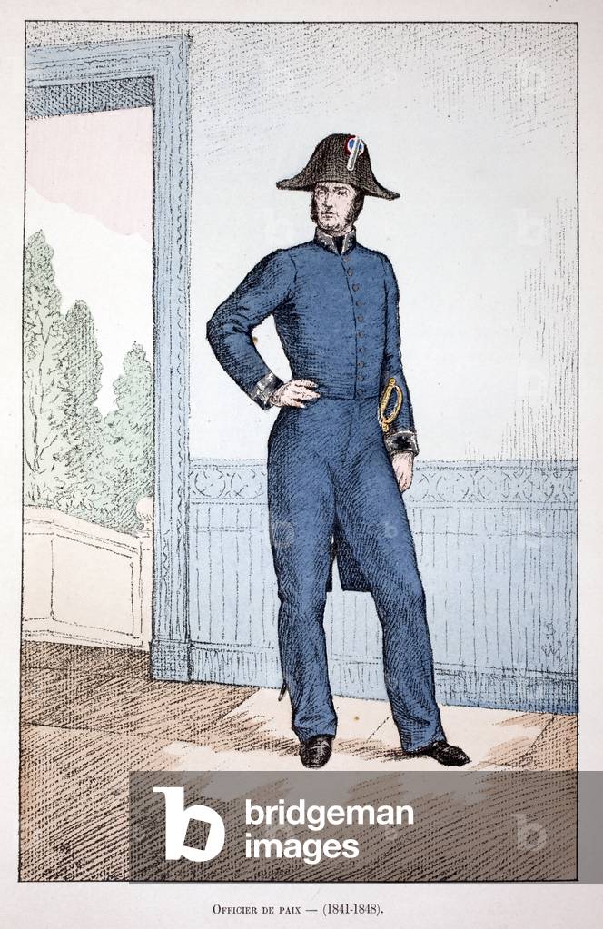 Officer of Peace (1841-1848). Eau forte en couleurs, pour illustration “” Histoire du corps des gardiens de la paix””” book published under the auspices of Louis Lepine (1846-1933) prefet de police de la Seine, by Alfred Rey (1864-?) and Louis Feron (1862-?) , edition Firmin Didot et Cie, 1896, Paris.