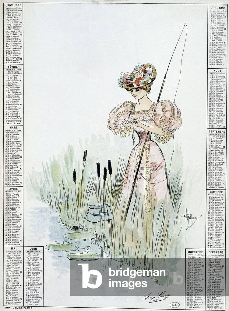 Woman angling - drawing by Guillaume, 1898 calendar, Arts Deco.