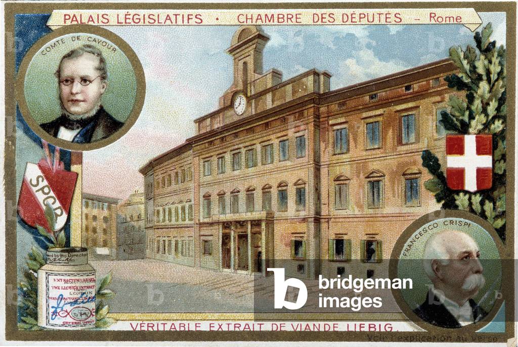 The Chamber of Deputes in Rome (Italy), with portraits of Count Camillo Benso de Cavour (1810-1861) and Francesco Crispi (1819-1901) - Liebig chromolithography, 19th century