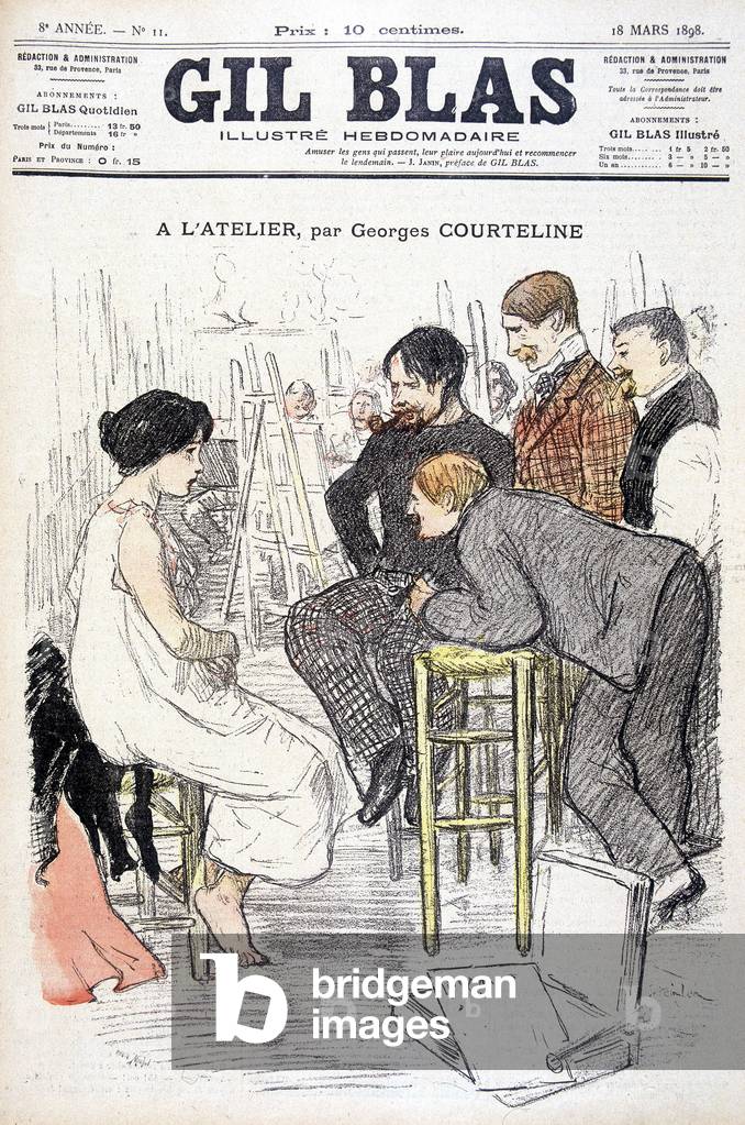 At the workshop by Georges Courteline. Man watching a woman posing in a workshop. In “” Gil Blas””, on 18/03/1898.