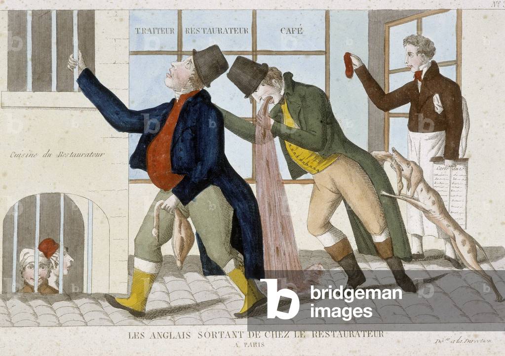 English leaving the restaurant (vomiting) - engraving, 19th century