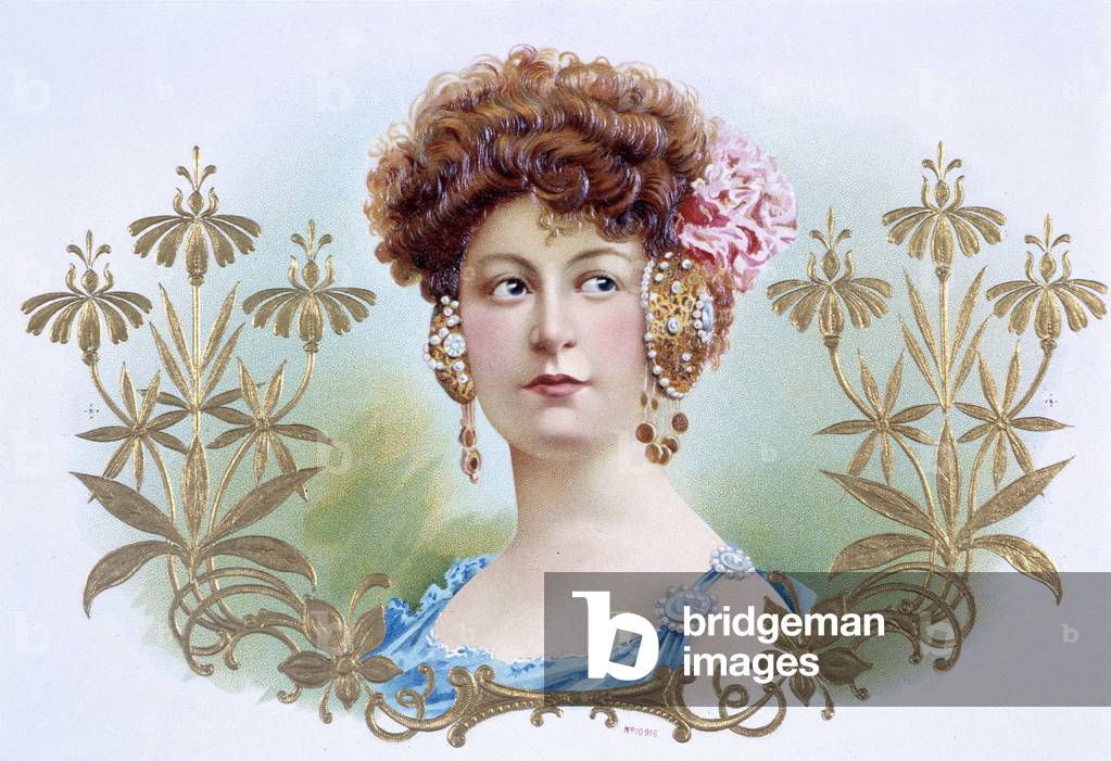 Portrait of a stylized woman - cigar label, chromolithography, n.d., v.1900