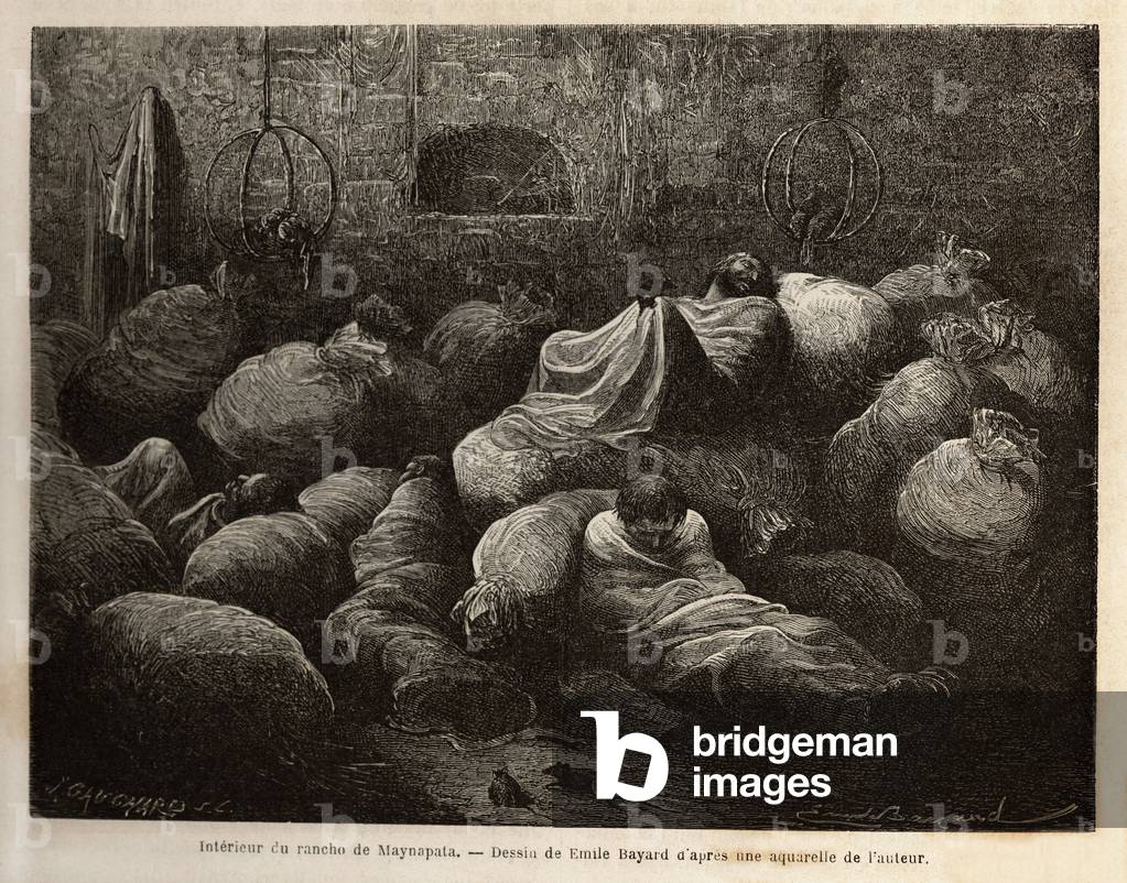 Inside a rancho of Maynapata (Lower Peru), surprised by a snow storm, travellers take refuge in a mud cottage and rest and heat themselves in the middle of potato and maize bags. Engraving to illustrate the voyage in the vallees of Quinquinas (Peru), by Paul Marcoy, in 1849-1861, published in “” Le tour du monde””” 1870-1871, edited by Edouard Charton, Hachette edition, Paris. Selva Collection.