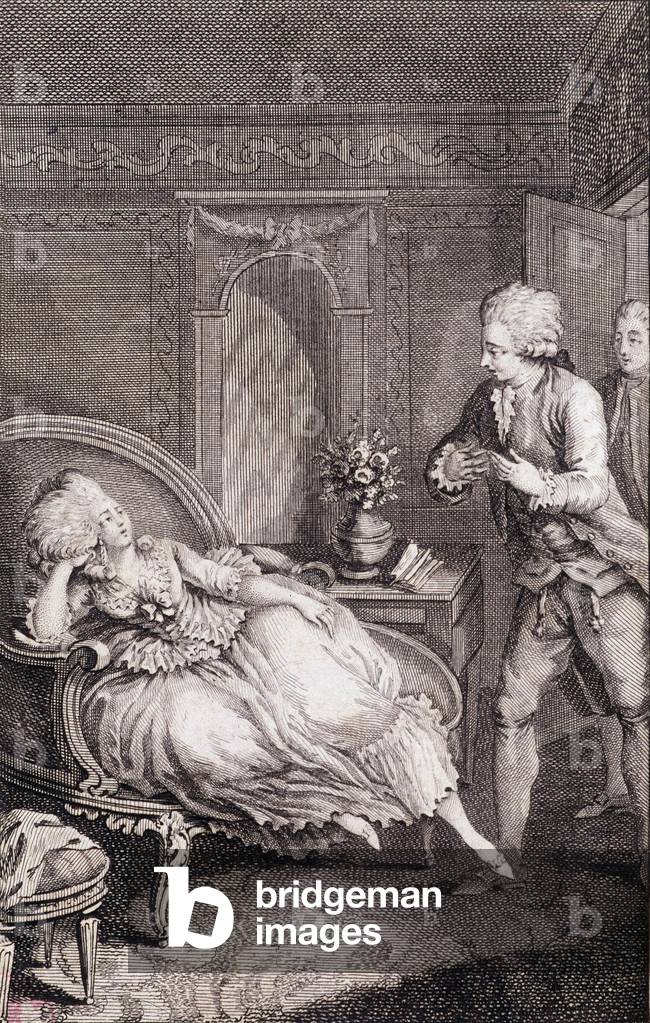 Gentilhomme declaring his love to a lady languishing on a shepherdess - in “” Les francaises ou 34 examples chosen in the current mores suitable to lead daughters, wives, mothers”” by Restif de La Bretonne (1734-1806), ill. by Binet, Neufchatel, 1786