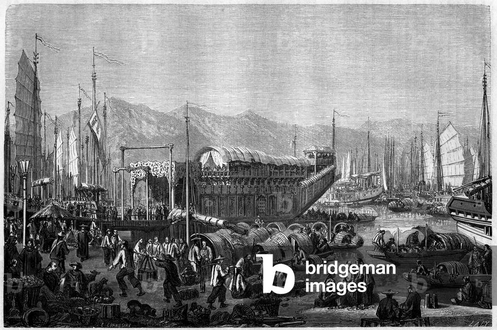 Boat des Fleurs, a restaurant and place of fun in the port of Shanghai in 1860, China. Engraving by Grandsire, in “” Le Tour du Monde, Nouveau journal des Voyages””, edited by Edouard Charton, Paris, 1860.
