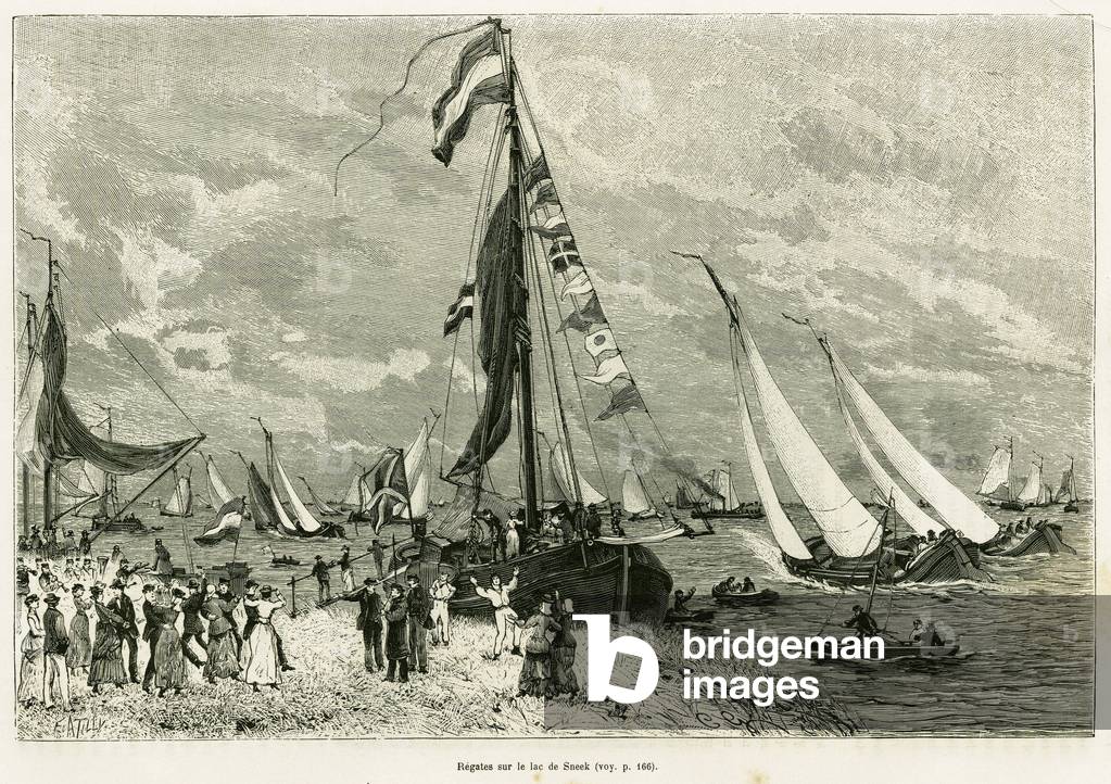 Regates on Lake Sneek (Netherlands). Engraving to illustrate the story La Frise, based on a relationship of a Dutch newspaper, in le tour du monde 1886, directed by Edouard Charton (1807-1890), Hachette, Paris.