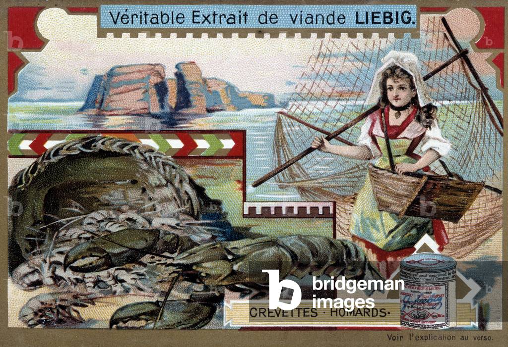 Shrimp and lobster, with a young fishing woman, carrying her basket and a large net - Liebig chromolithography, 19th century
