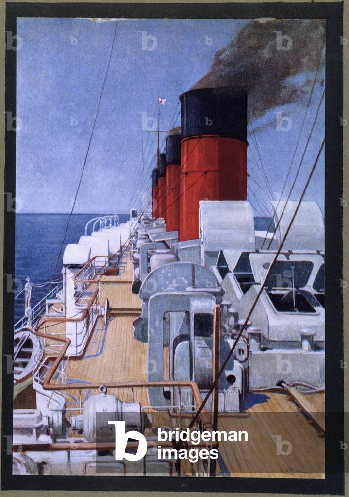 The chimneys and the bridge of the liner 