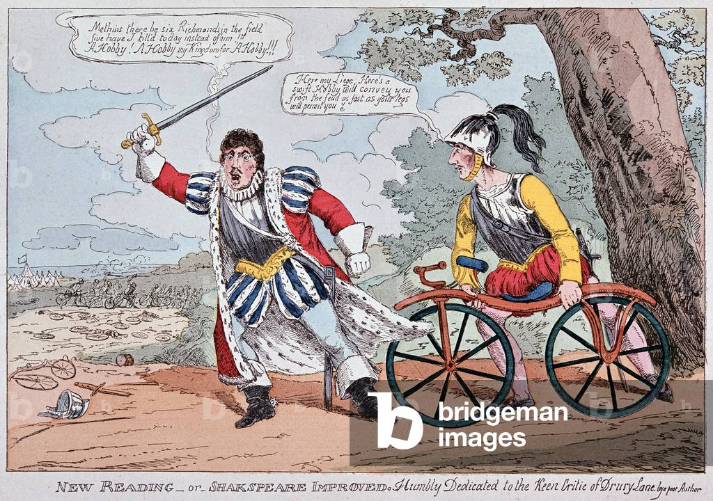 English humorous drawing on the “military bicycle””, 1819 - in “Le cyclette théorique et pratique” by Baudry de Saulnier