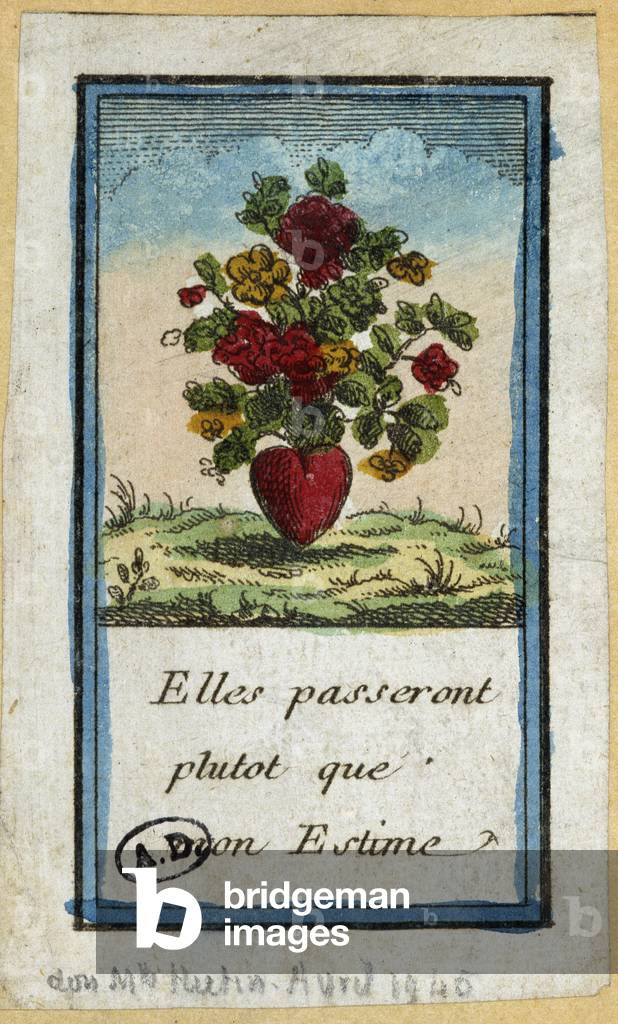 Bouquet of flowers in a heart: “” They will pass rather than my esteem”” - engraving, 19th century
