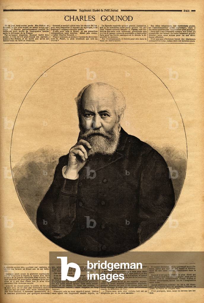 Portrait of Charles Gounod (1818-1893), a French composer, reputed for his operas (Faust in 1859, Romeo and Juliette in 1867), he also composed symphonies and numerous melodies for the poems of Alfred de Musset (1810-1857) and Victor Hugo (1802-1885). Engraving in “” Le petit journal”” 28/10/1893. Selva's collection.
